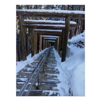 Snow-Covered Torii Path in a Remote Mountain Shrin ポスター