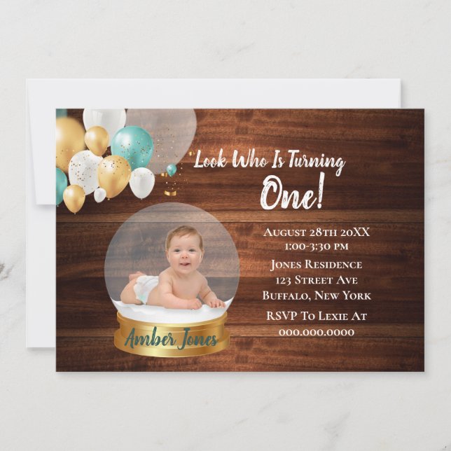 Snow Globe写真を追加1st.誕生日パーティー招待状 (正面)