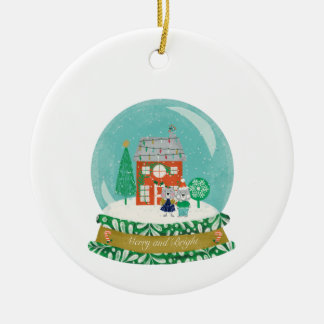 Snow Globe Christmas Village with Santa Bear セラミックオーナメント