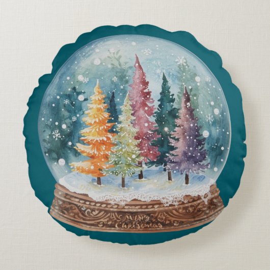 Snow Globe Colorful Christmas Tree Forest ラウンドクッション (正面)