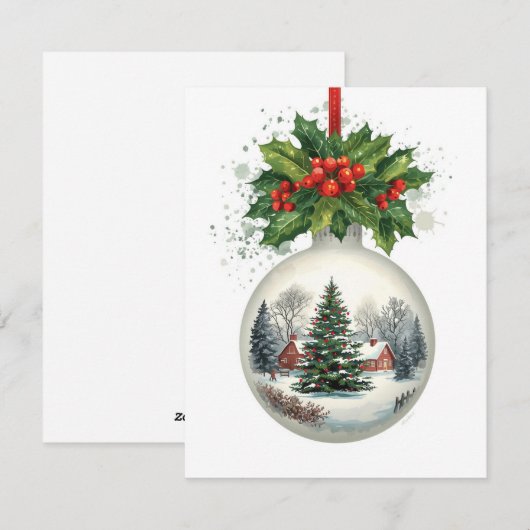 Snow Globe Ornament Scenic Holly Berries シーズンカード (正面/裏面)