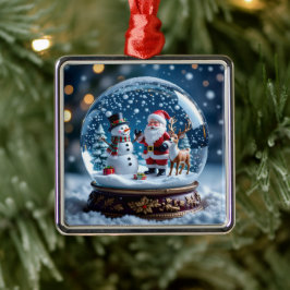 Snow globe with Santa, a Reindeer and Snowman メタルオーナメント