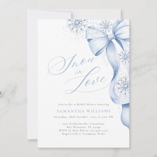 Snow in Love Blue Bow Bridal Shower 招待状 (正面)
