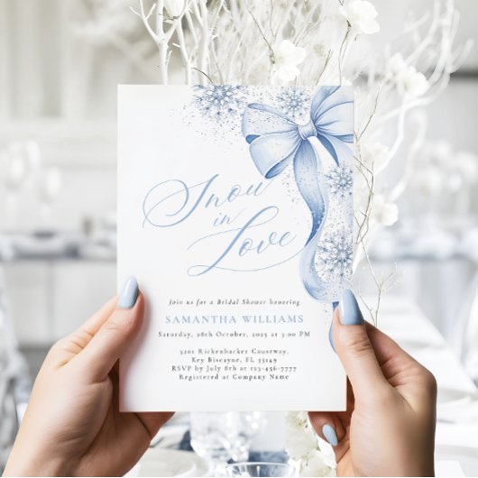 Snow in Love Blue Bow Bridal Shower 招待状