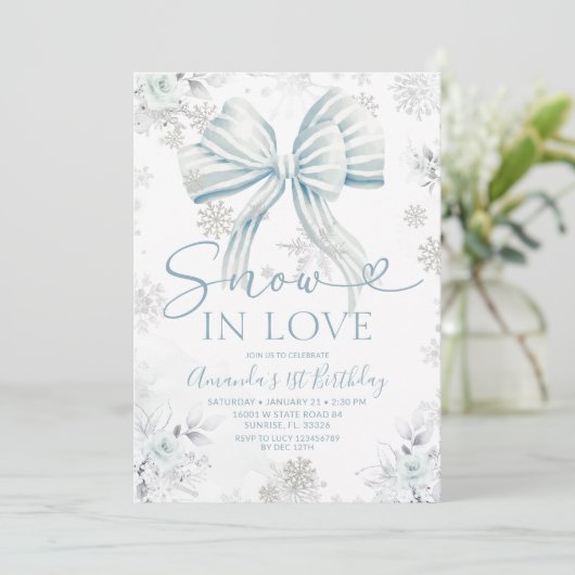Snow In Love Blue Bow Silver Snowflake Birthday 招待状 (スタンド正面)