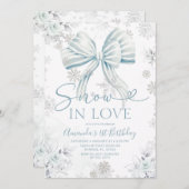 Snow In Love Blue Bow Silver Snowflake Birthday 招待状 (正面/裏面)