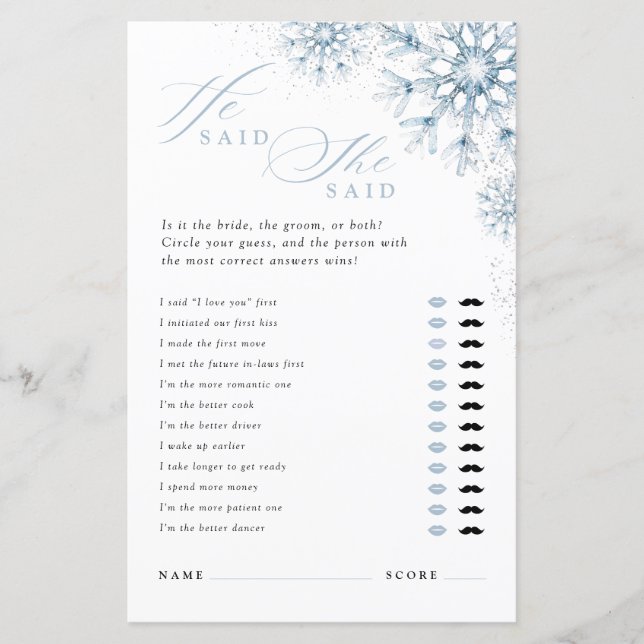 Snow in Love He Said She Said Bridal Shower Game (正面)