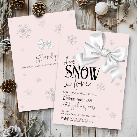 Snow In Love Modern Bow Pink Winter Bridal Shower 招待状