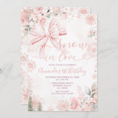 Snow In Love Pink Bow Floral Christmas Birthday 招待状 (正面/裏面)