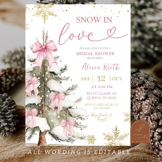 Snow in Love Pink Winter Bridal Shower 招待状