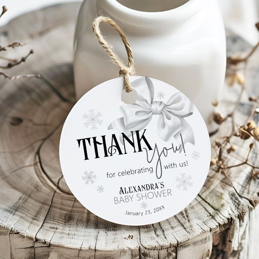 Snow In Love White Bow Elegant Winter Baby Shower フェイバータグ