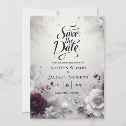 Snow-Kissed Plum and Ivory Floral Save the Date セーブザデート (正面)