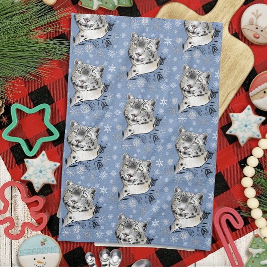 Snow Leopard and Snowflakes キッチンタオル