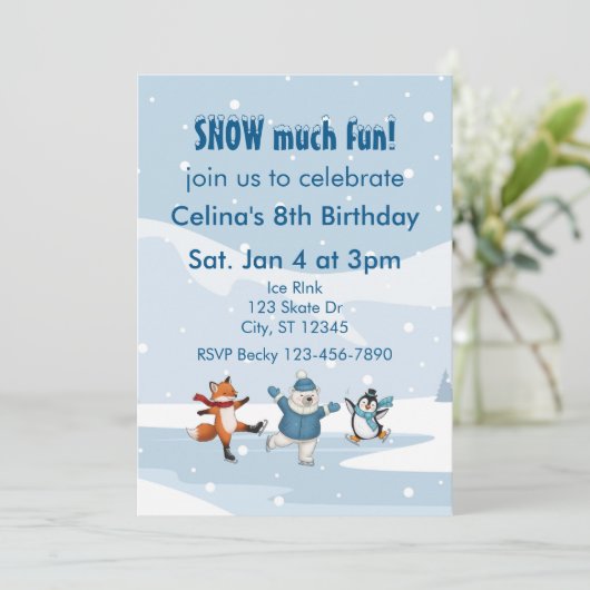 Snow Much Fun, ice skating animals winter birthday 招待状 (スタンド正面)