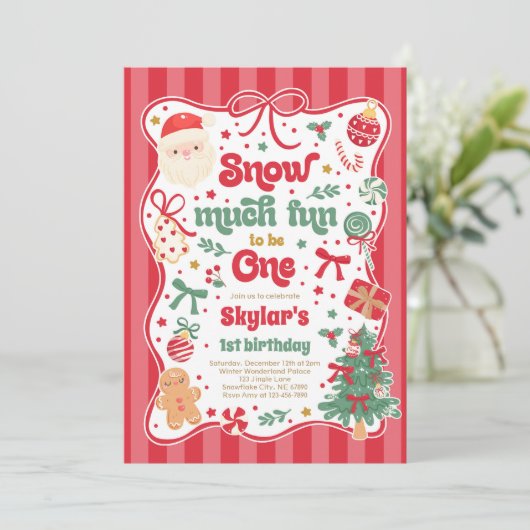 Snow Much Fun To Be One Christmas Bow Birthday 招待状 (スタンド正面)