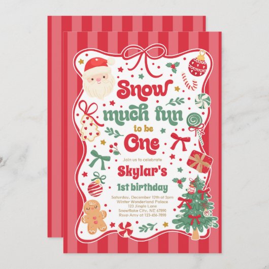 Snow Much Fun To Be One Christmas Bow Birthday 招待状 (正面/裏面)