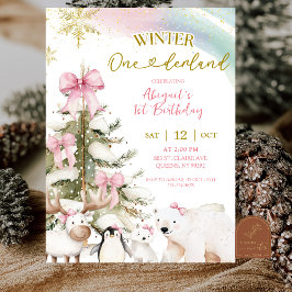 Snow Pink Winter Arctic Animal First Birthday 招待状