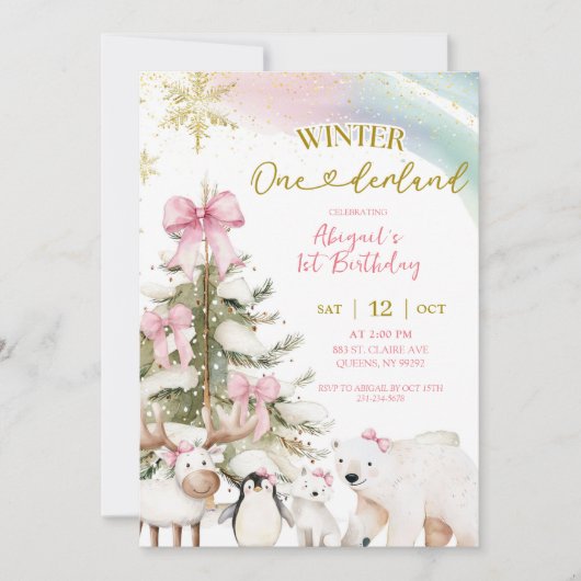 Snow Pink Winter Arctic Animal First Birthday 招待状 (正面)