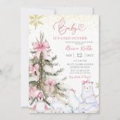 Snow Pink Winter Arctic Animals Baby Shower 招待状 (正面)