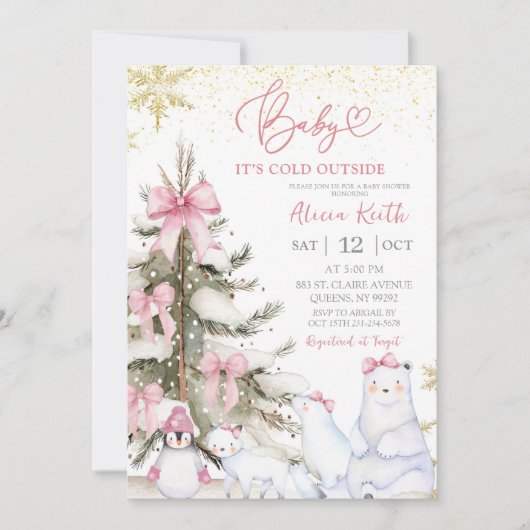 Snow Pink Winter Arctic Animals Baby Shower 招待状 (正面)