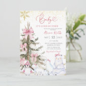 Snow Pink Winter Arctic Animals Baby Shower 招待状 (スタンド正面)