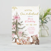 Snow Pink Winter Onederland First Birthday  招待状 (スタンド正面)