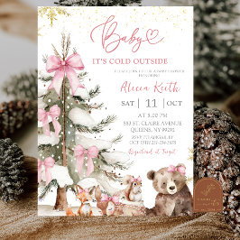 Snow Pink Winter Woodland Baby Shower Invitation 招待状