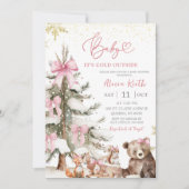Snow Pink Winter Woodland Baby Shower Invitation 招待状 (正面)