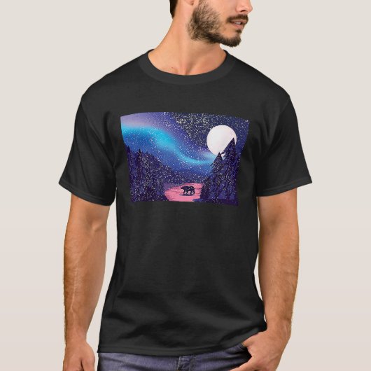 Snow Scene Polar Bear Silhouette w Moon and Northe Tシャツ (正面)
