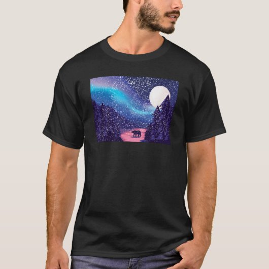 Snow Scene Polar Bear Silhouette w Moon and Northe Tシャツ (正面)