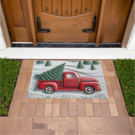 Snow Scene with Red Truck Door Mat ドアマット