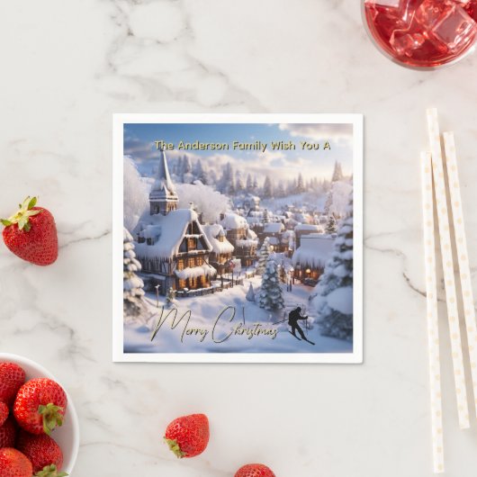 Snow ski chalets editable holiday greeting スタンダードカクテルナプキン (インサイチュ)