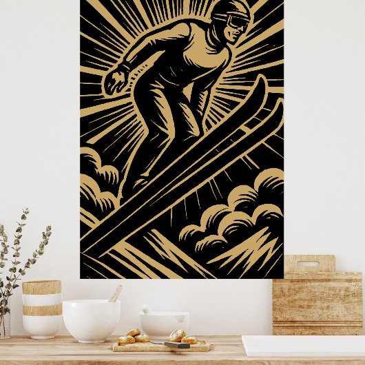Snow Skier Retro Art Deco ポスター (キッチン)