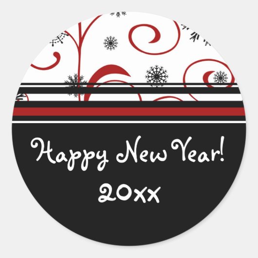 Snow & Swirls Happy New Yearスタンプ ラウンドシール (正面)