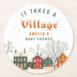 Snow Village Winter Baby Shower ラウンドペーパーコースター