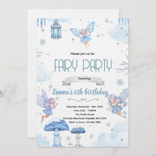 Snow winter fairy party invitation 招待状 (正面/裏面)