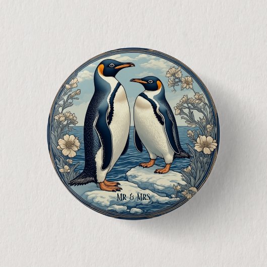 Snow Winter Glacier Blue Mr & Mrs Penguin Couple  缶バッジ (正面)