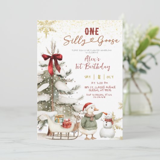 Snow Winter One Silly Goose First Birthday 招待状 (スタンド正面)