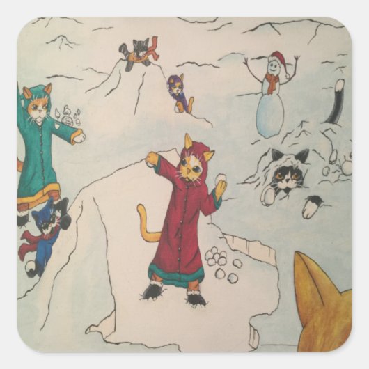Snowball Fight Cats Rectangularステッカー スクエアシール (正面)