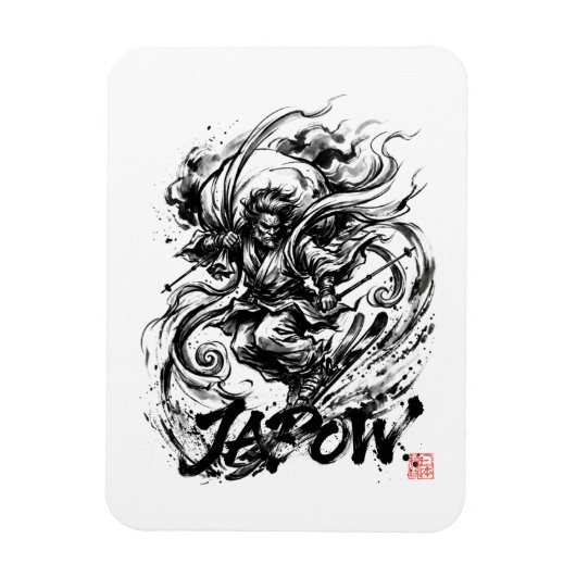 Snowboard Brush Art - Skier Fujin God マグネット (縦)