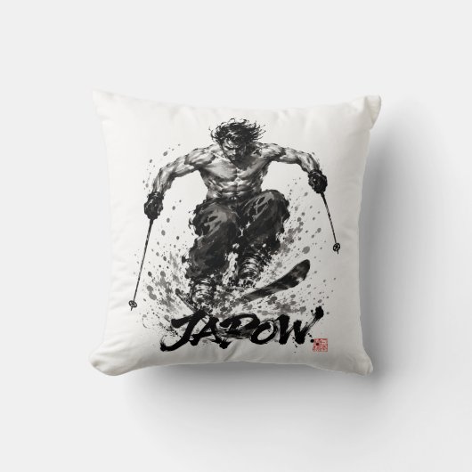 Snowboard Brush Art - Skier Samurai Musashi Ski クッション (正面)