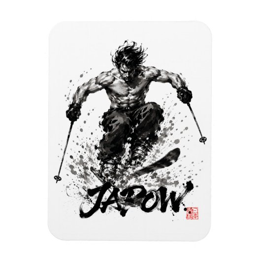 Snowboard Brush Art - Skier Samurai Musashi Ski マグネット (縦)