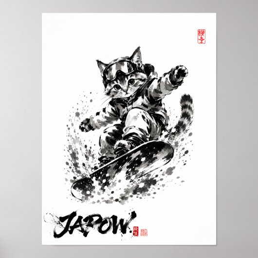 Snowboard Brush Art - Snowboarder cat ポスター (正面)