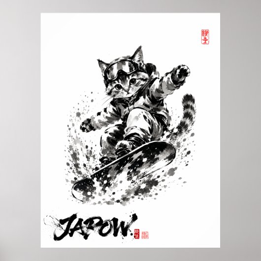Snowboard Brush Art - Snowboarder cat ポスター (正面)