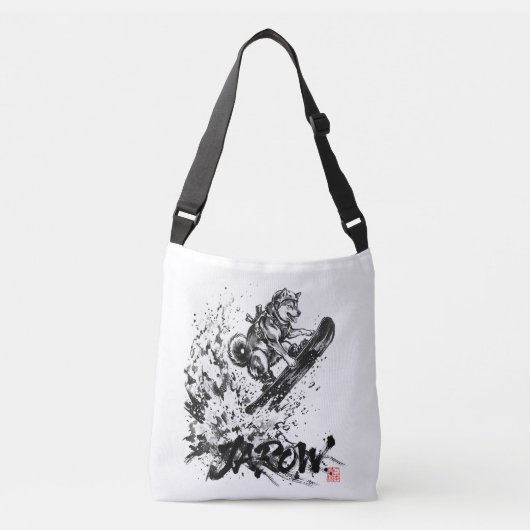 Snowboard Brush Art - Snowboarder Dog Huskey クロスボディバッグ (正面)
