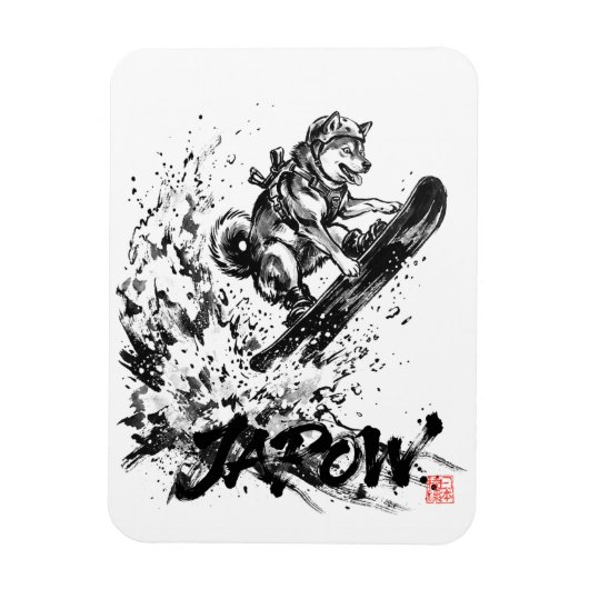 Snowboard Brush Art - Snowboarder Dog Huskey マグネット (縦)