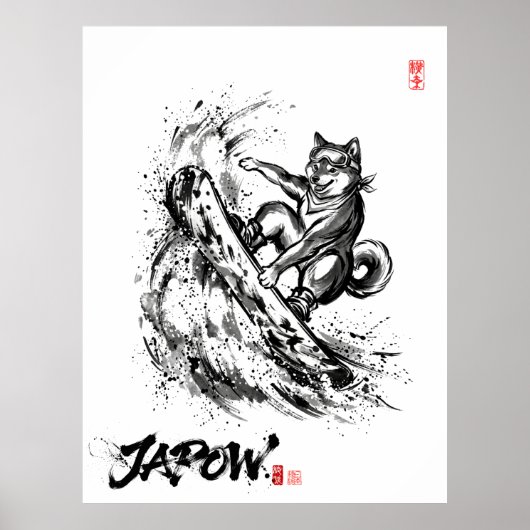 Snowboard Brush Art - Snowboarder Dog Shiba ポスター (正面)