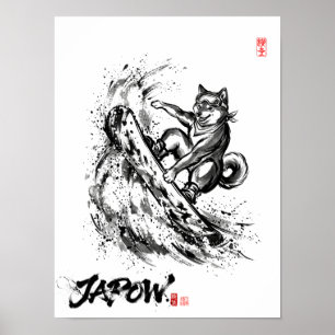 Snowboard Brush Art - Snowboarder Dog Shiba ポスター