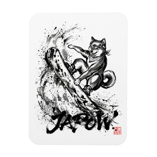 Snowboard Brush Art - Snowboarder Dog Shiba Inu マグネット (縦)