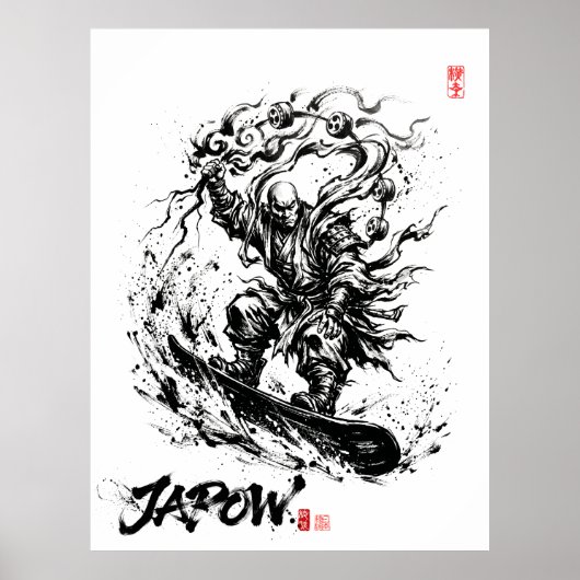 Snowboard Brush Art - Snowboarder Raijin God ポスター (正面)